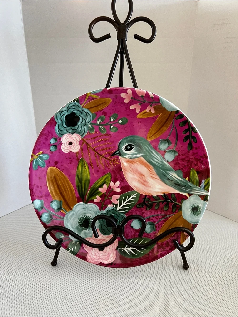 Pier 1 Imports Dolomite Ceramic Salad Plate Bird & Flowers Details Magenta 8.5”